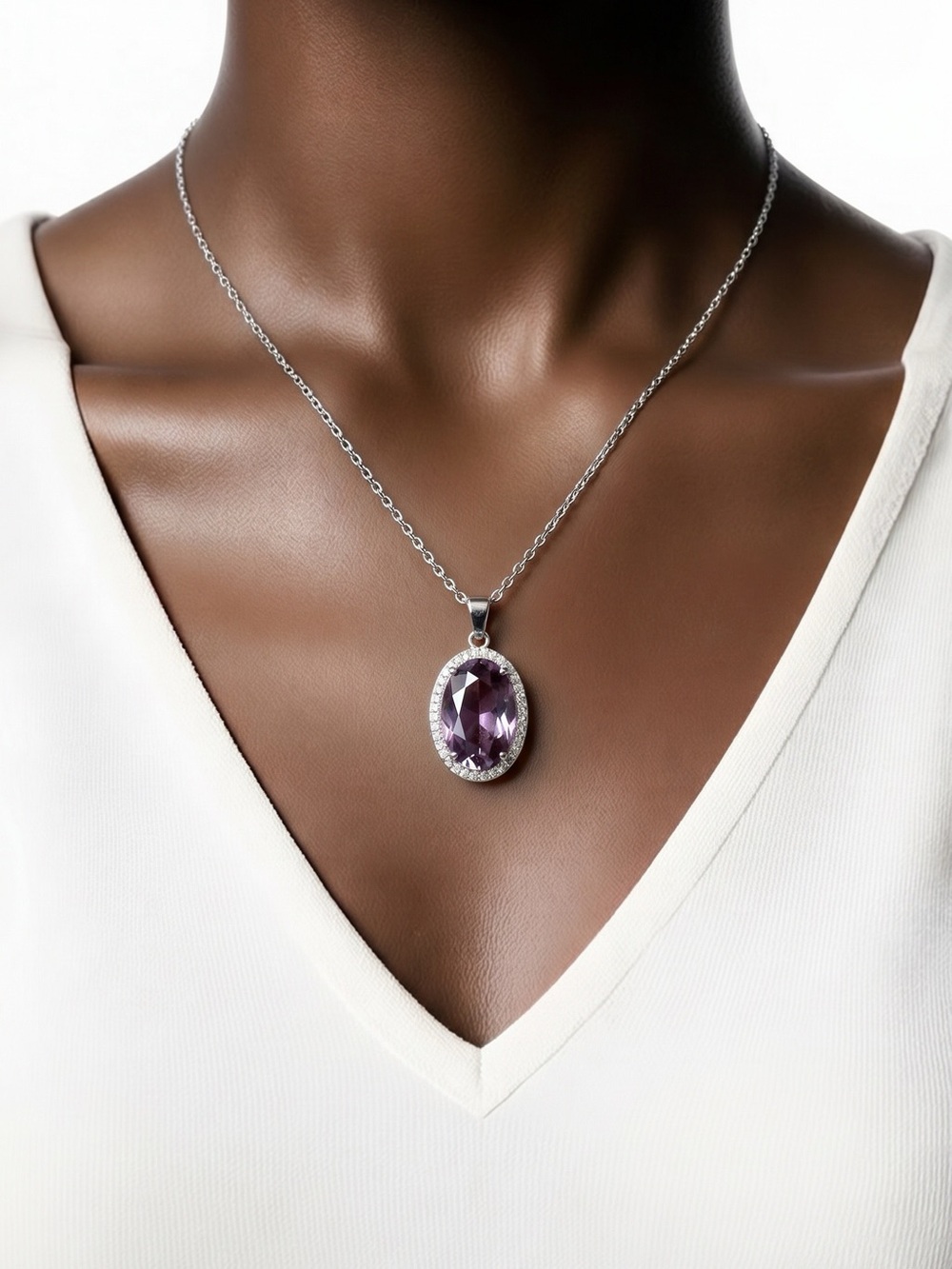 White gold plated , African violet jewel necklace , and gift box.